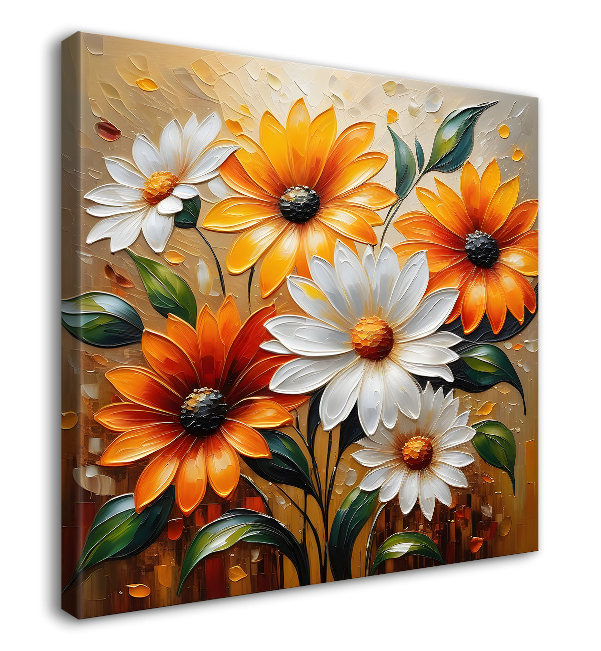 Orange and white flowers in light brown textured painting - Flower-S-91