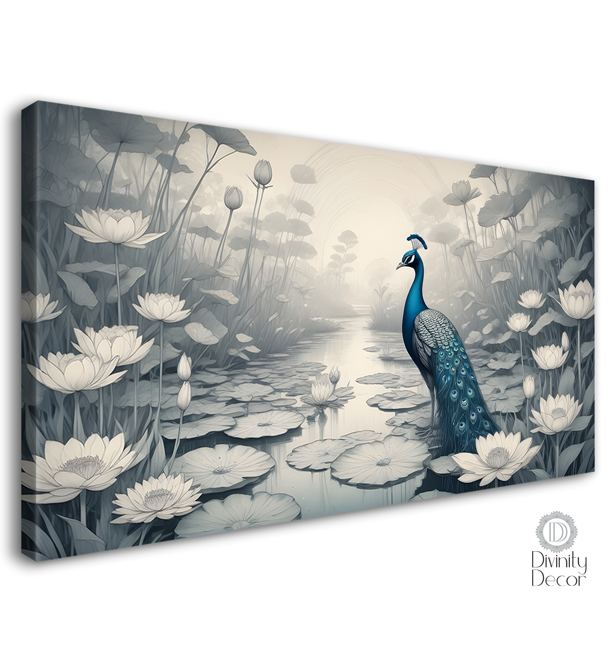 Peacock with white flowers in fog background textured art. - Design - Animal -91