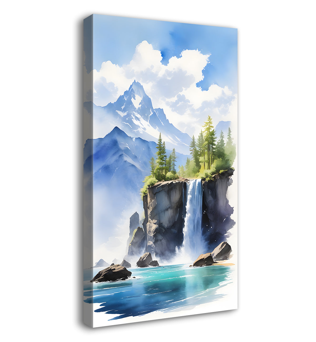 Waterfall with mountains and river with greenery in textured water colour painting Canvas Painting - Nature Art -V-91