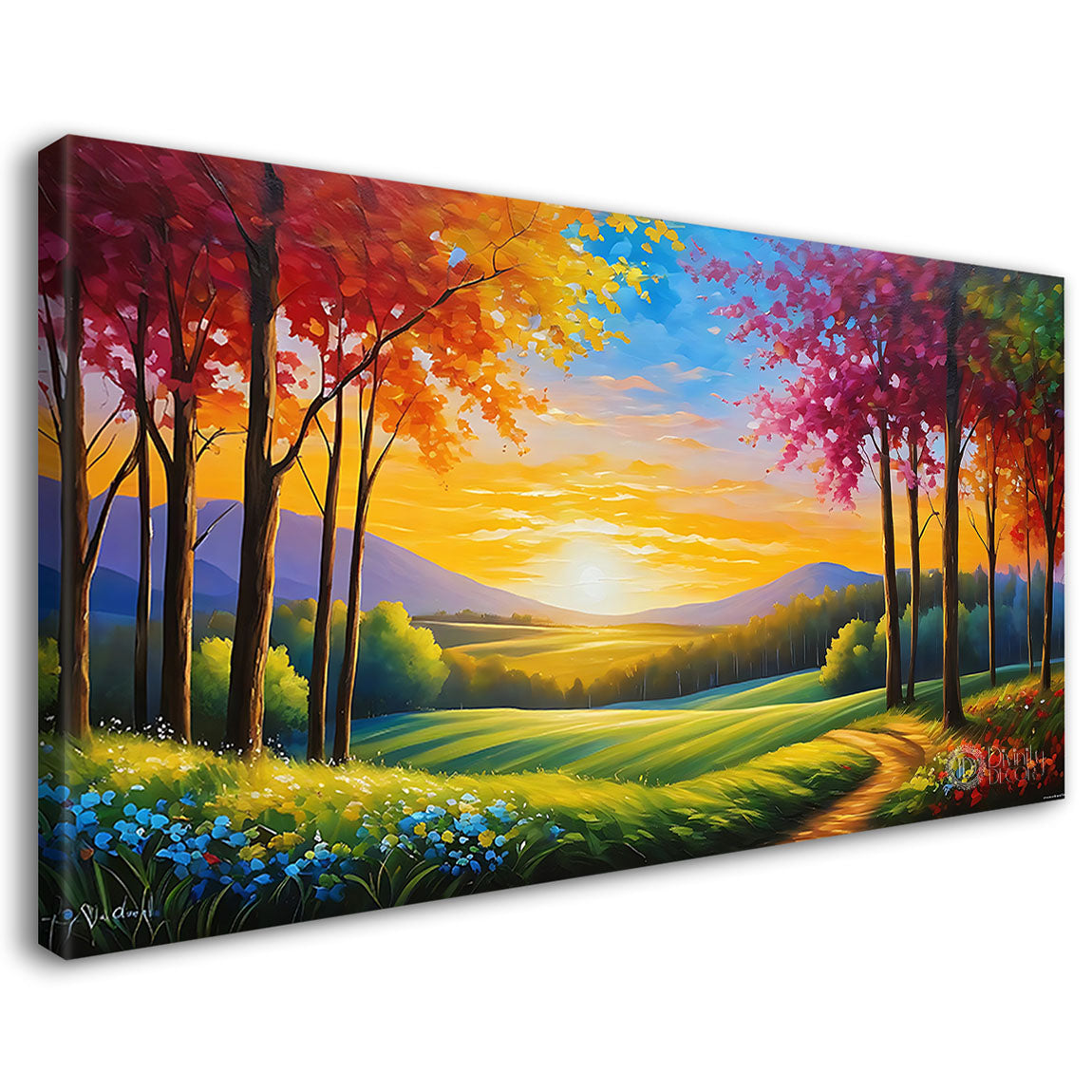 Colorful trees with grass and mountains textured painting Canvas Painting - Nature Art -91