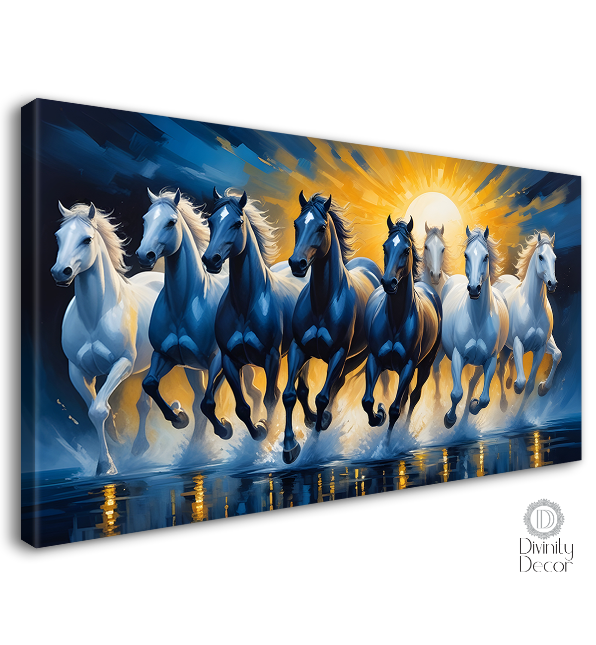 Blue and white running horses on the water with sun and dark blue textured background art Canvas Painting - Design - Horse-92
