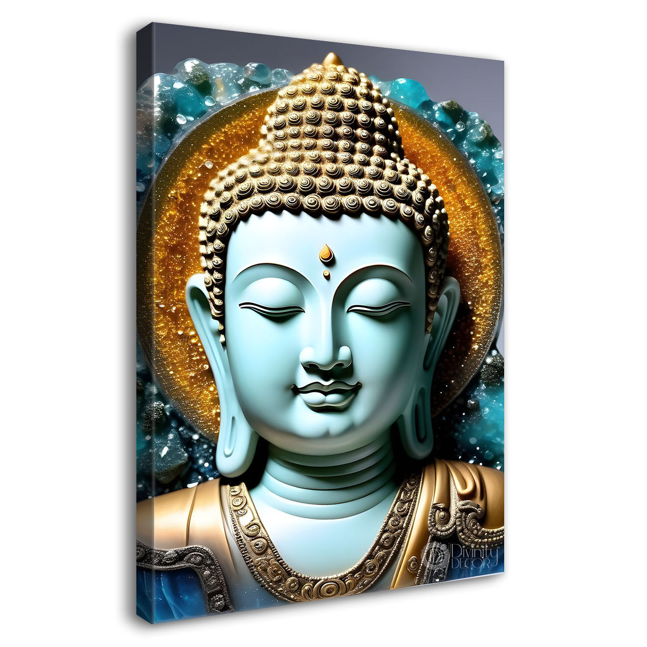 Sky blue buddha with yellow chakra background painting - Buddha-V-92