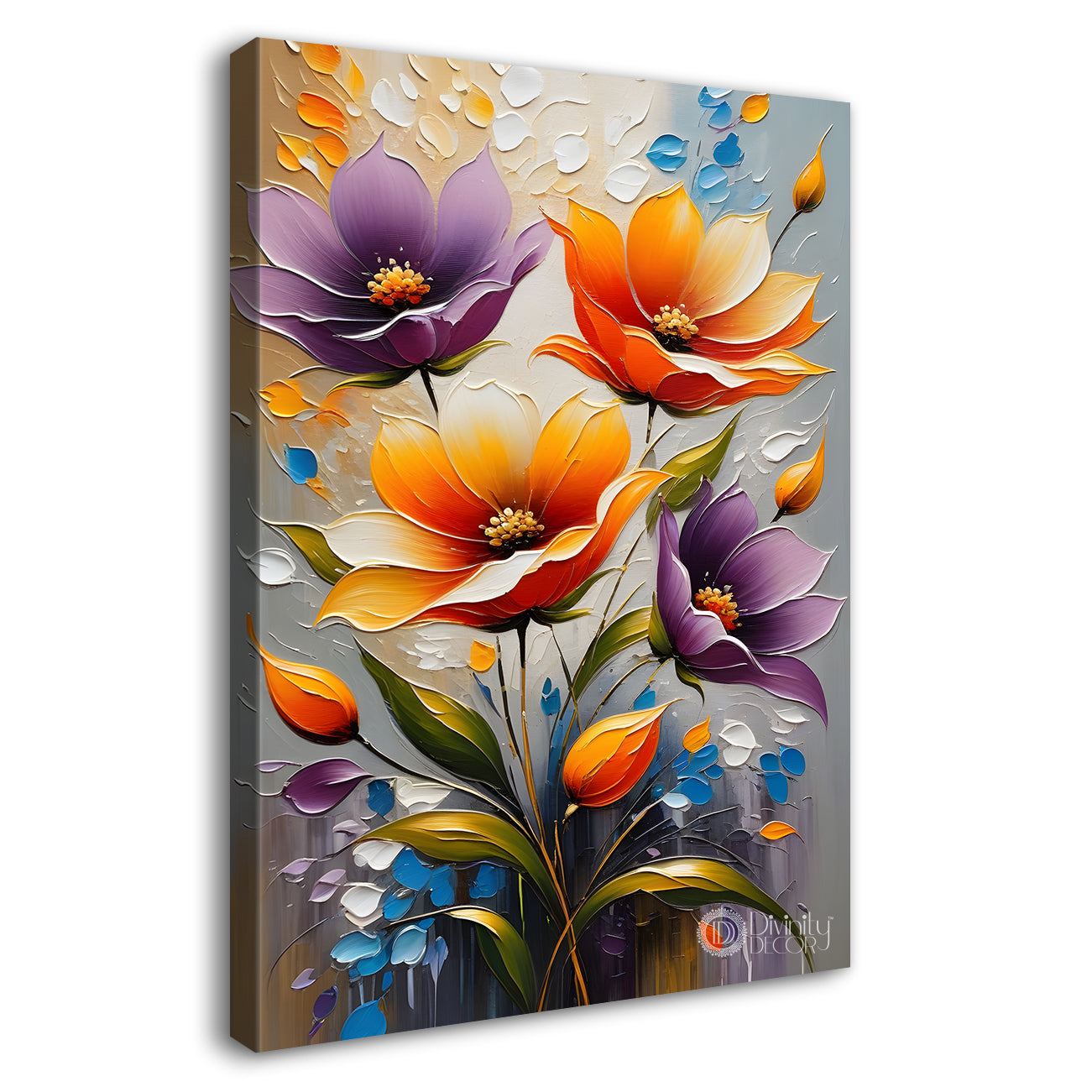 Colourful flowers in grey textured background painting - Flower-V-92