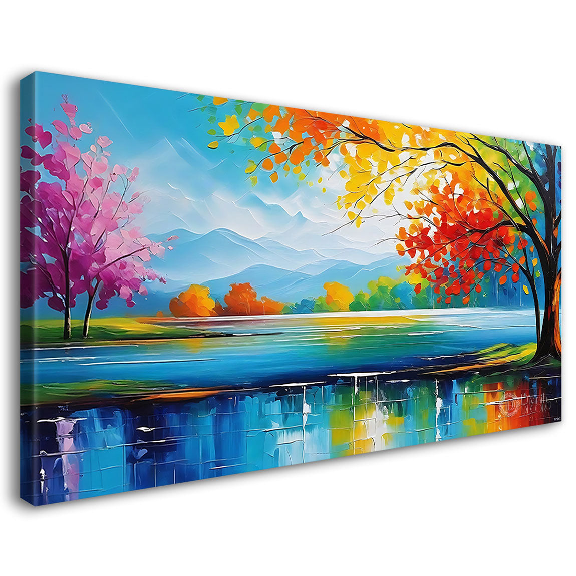 Colorful tree with mountains and lake in textured painting Canvas Painting - Nature Art -92