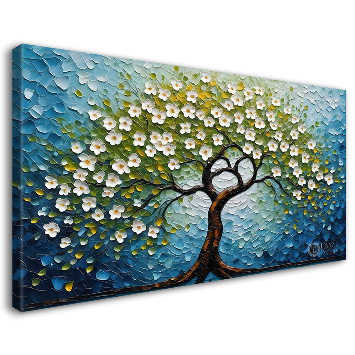 White flower tree in textured background oil painting Canvas Painting - Design - Tree-92