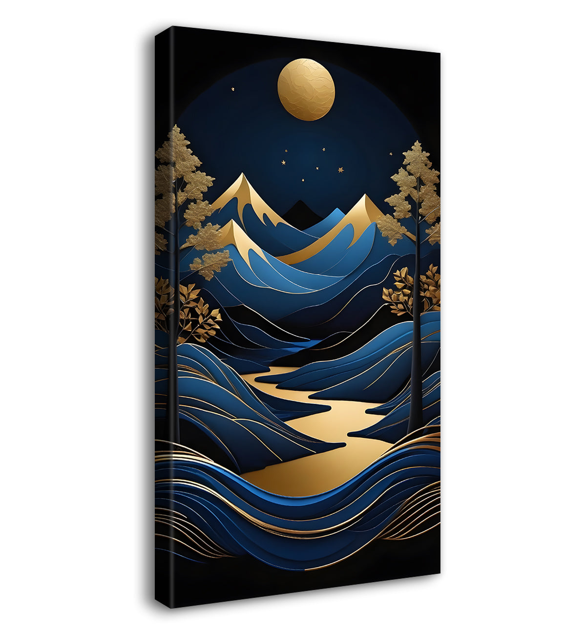 Blue mountains with golden moon and trees textured natural art Canvas Painting - Nature Art -V-92