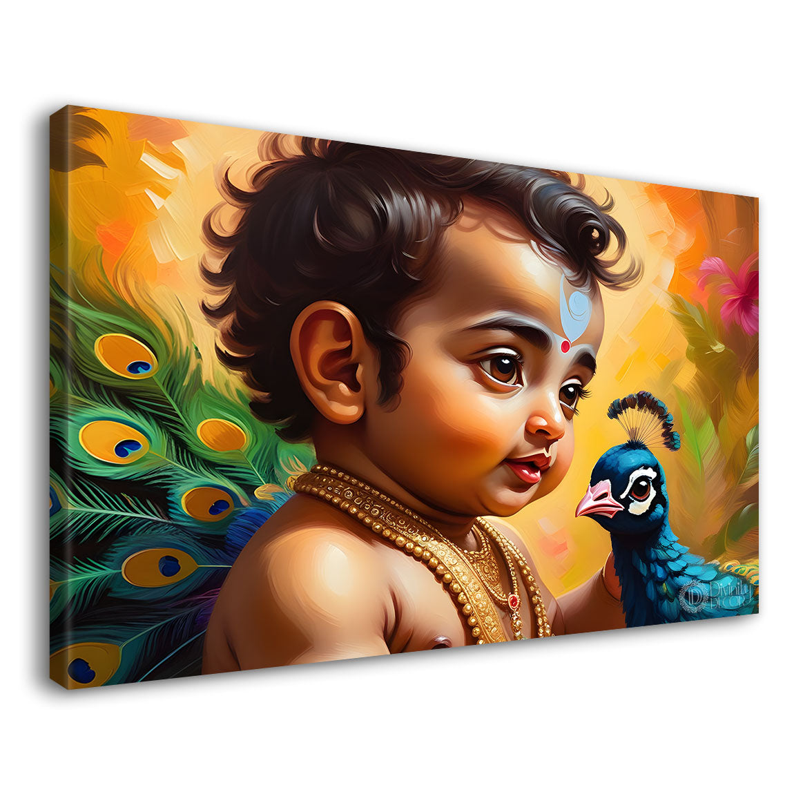 Little Krishna with peacock painting Canvas Painting - Design - Krishna-93