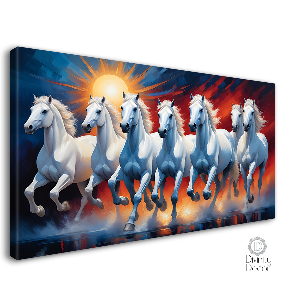 White running horses on the water with sun and red and blue textured background art Canvas Painting - Design - Horse-93