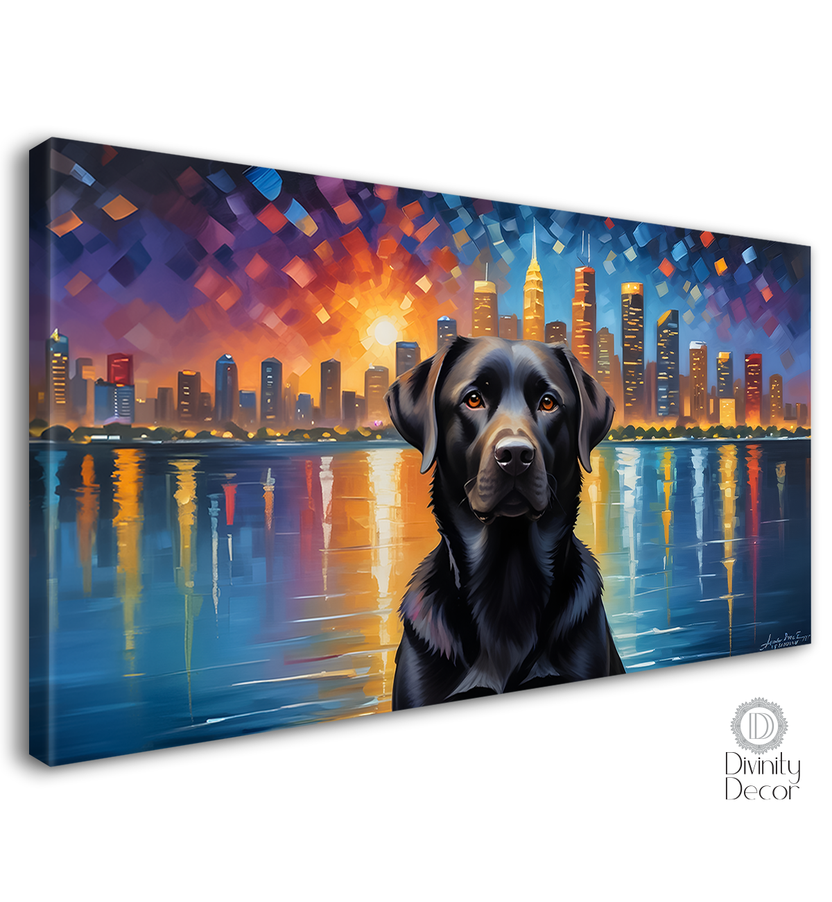 Black labra dog with colorful city background textured art. - Design - Animal - 93