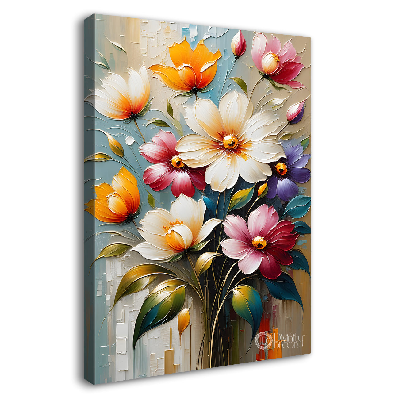 Colourful flowers in grey textured background painting - Flower-V-93