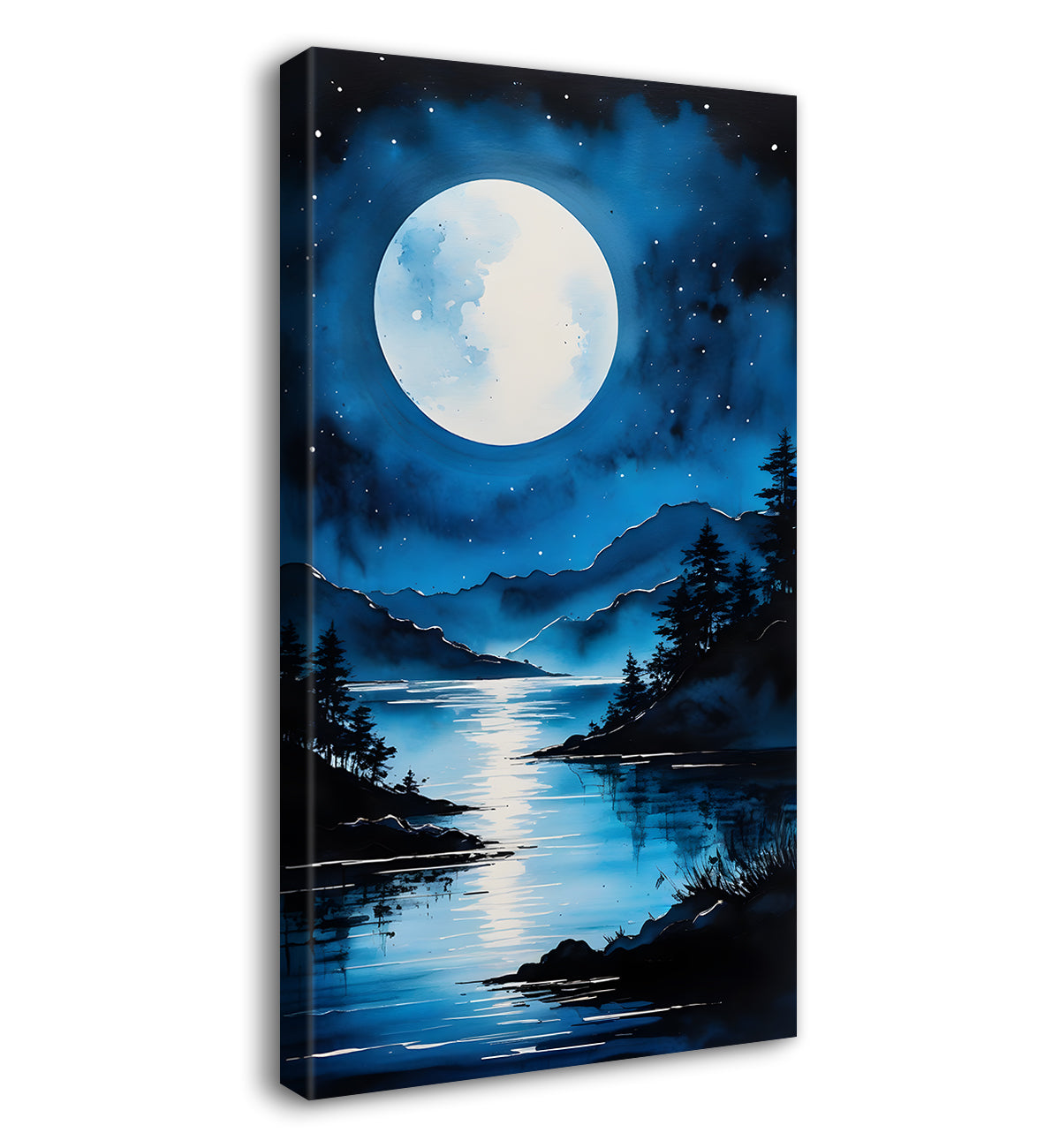 Lake with moon in dark textured painting Canvas Painting - Nature Art -V-93