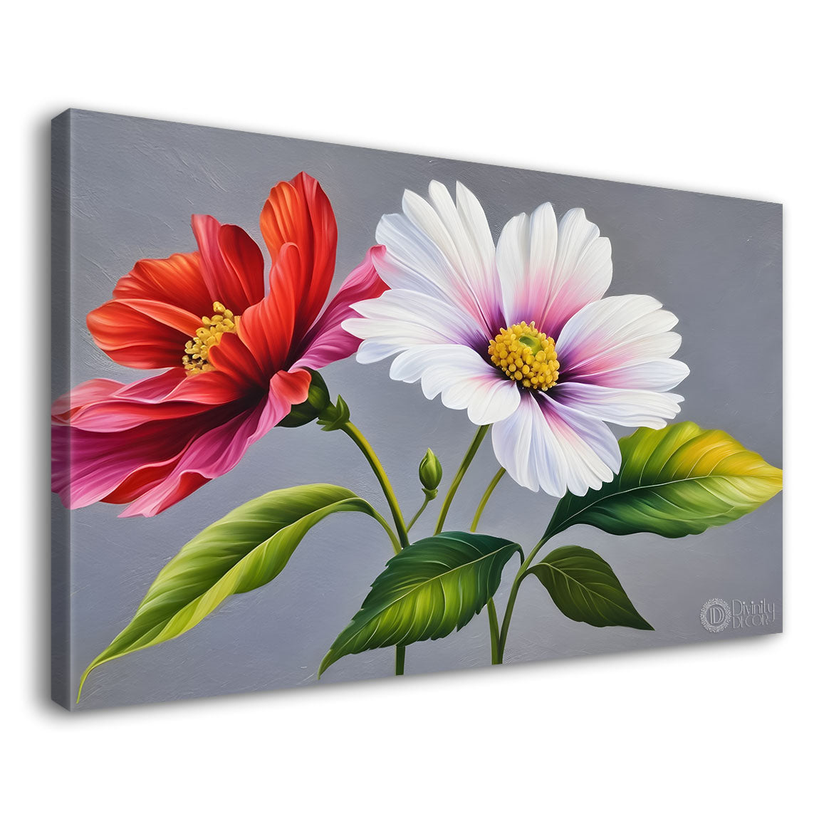 White and red flowers with grey textured background painting- Design - Flower-93