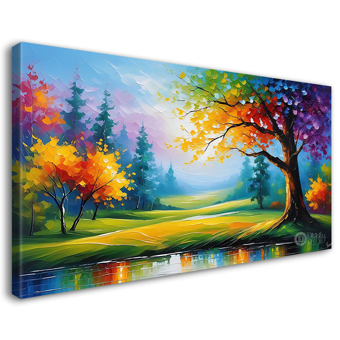 Colorful tree with mountains and lake in textured painting Canvas Painting - Nature Art -93
