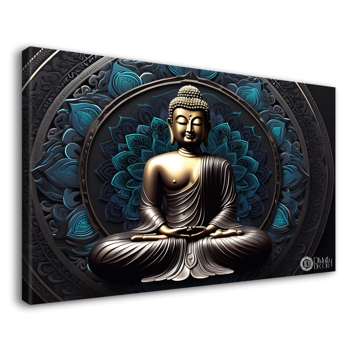Golden buddha with blue textured painting Canvas Wall Painting - Buddha-93
