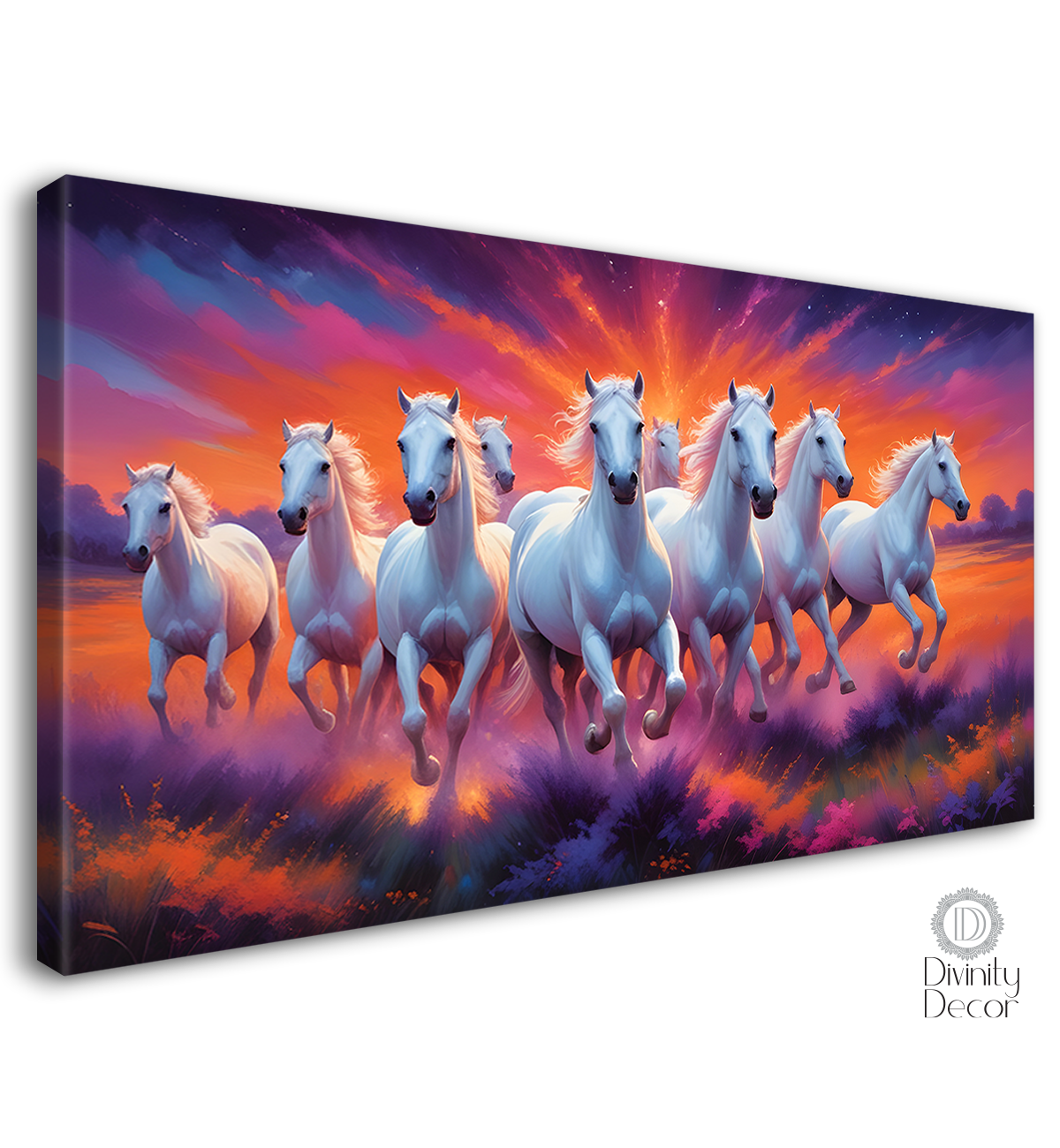 White running horses on the field with orange and purple textured background art Canvas Painting - Design - Horse-94