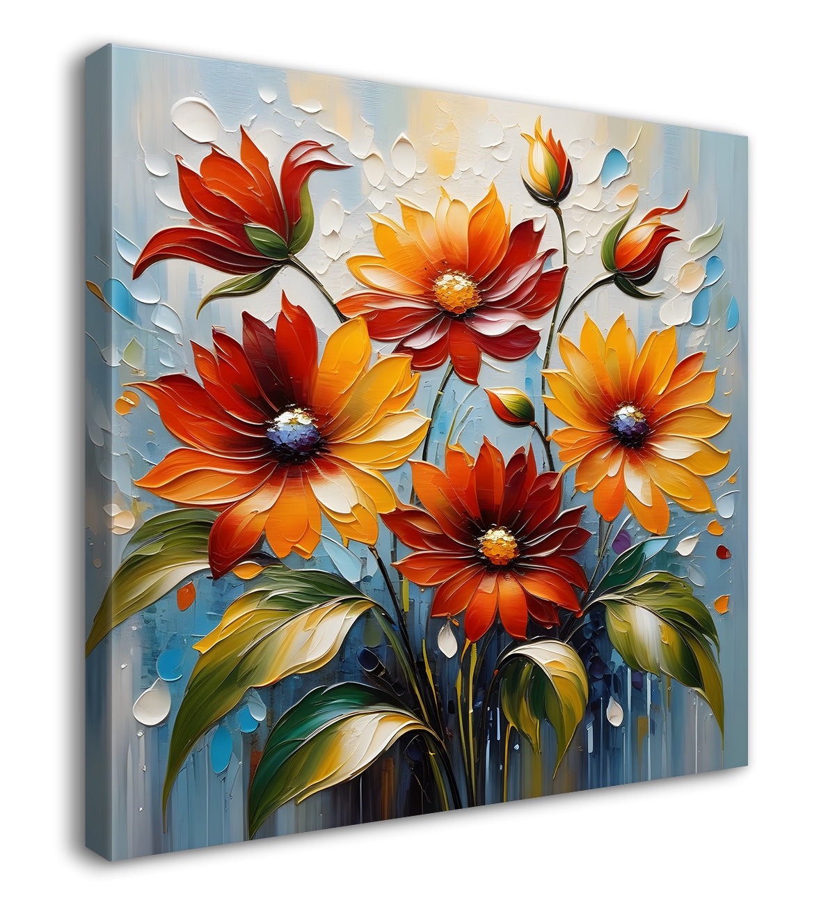 Orange flowers in grey  background textured painting  - Flower-S-94