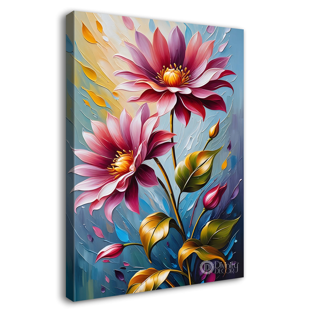 Pink flowers in blue textured background painting- Flower-V-94