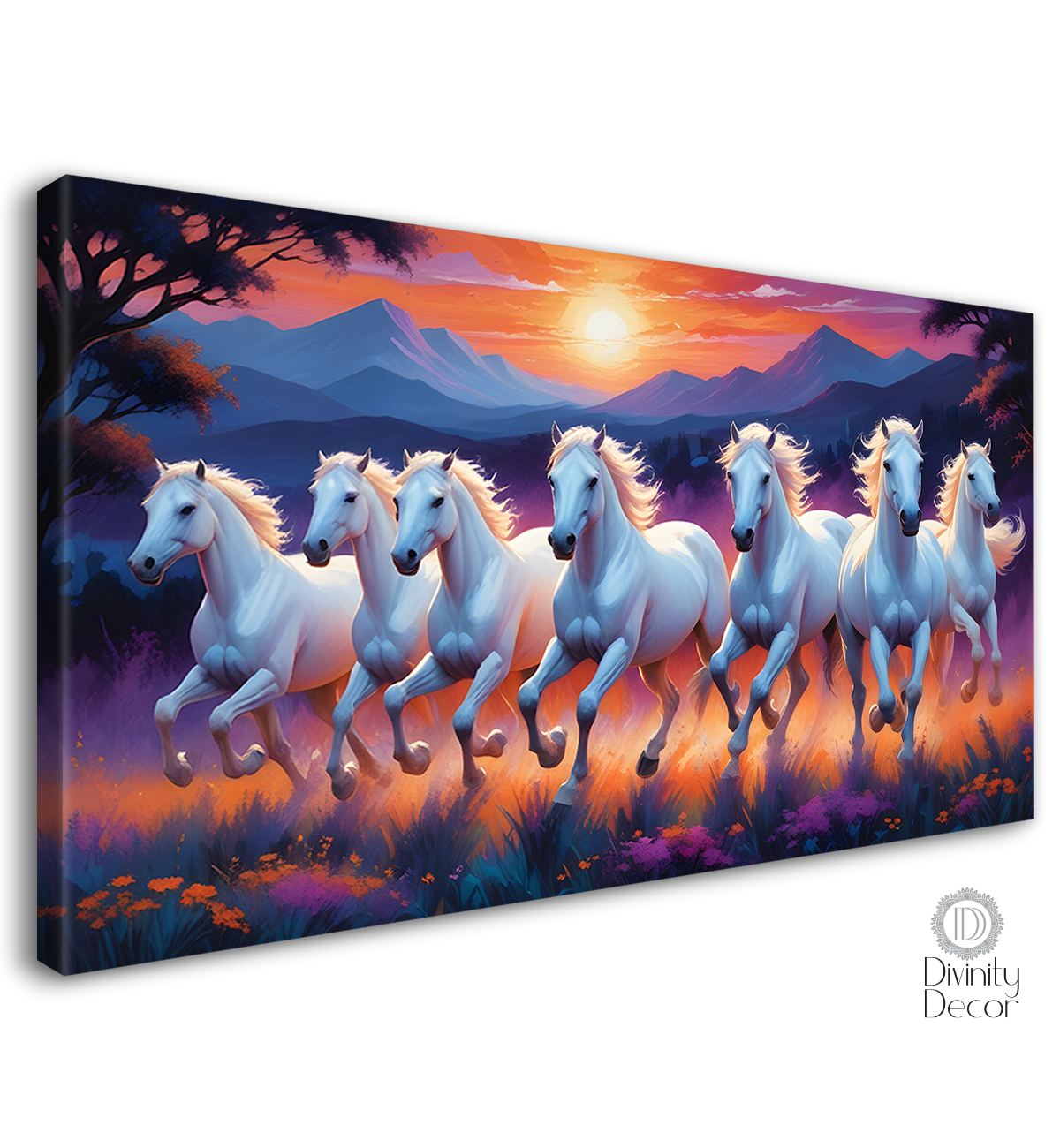 White running horses on the field with mountains and trees in sunrise and purple textured background art Canvas Painting - Design - Horse-95