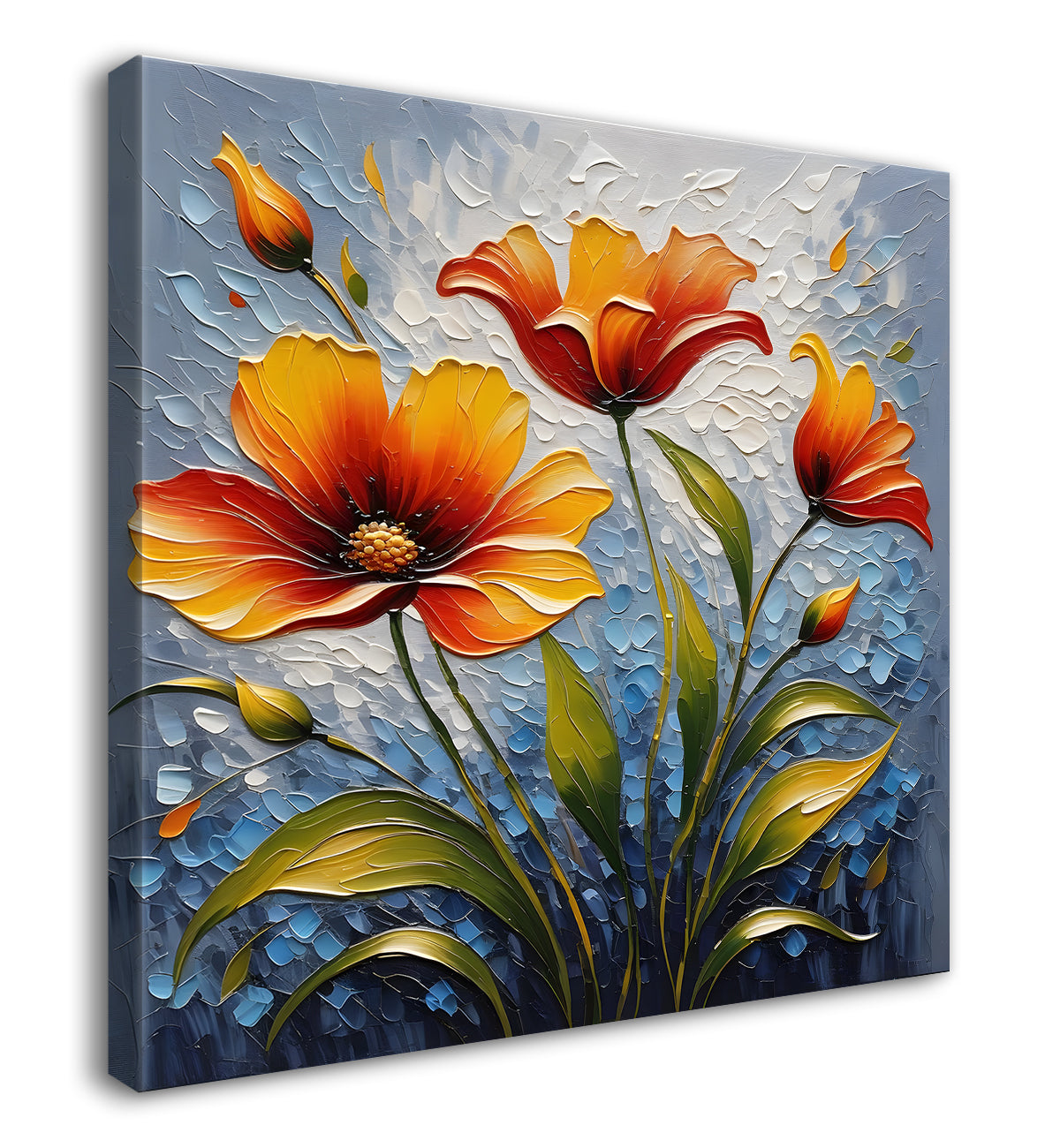 Orange flowers in grey  background textured painting  - Flower-S-95