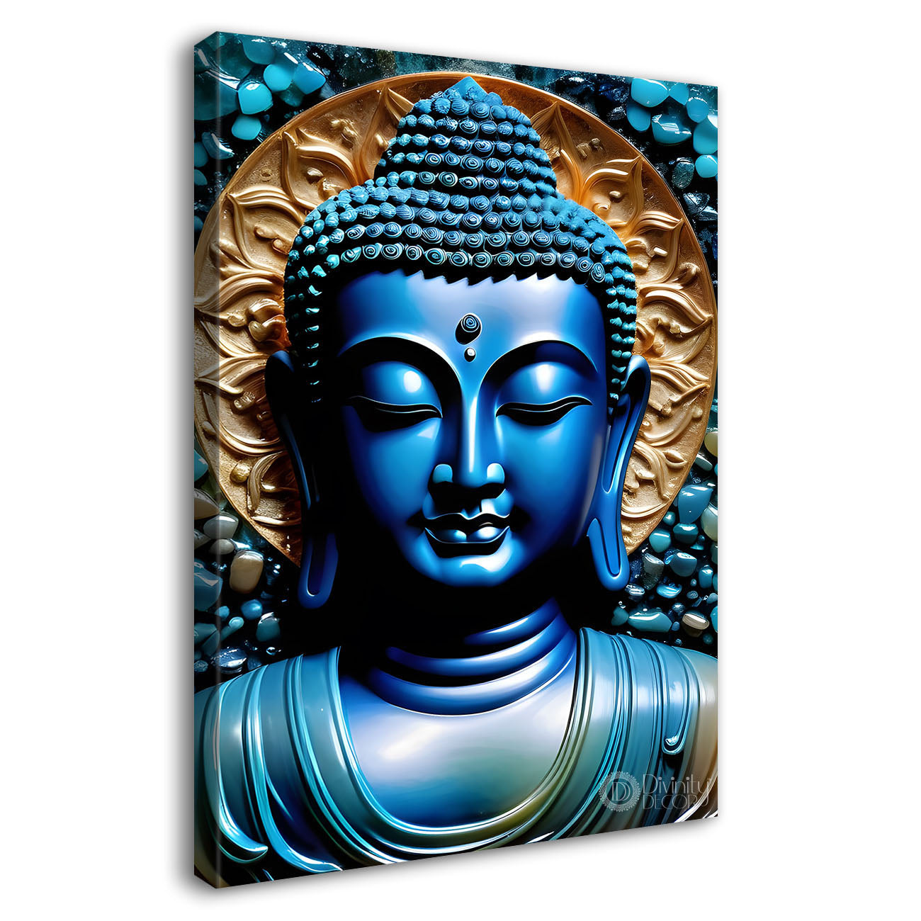 Blue buddha face with golden background textured painting - Buddha-V-95