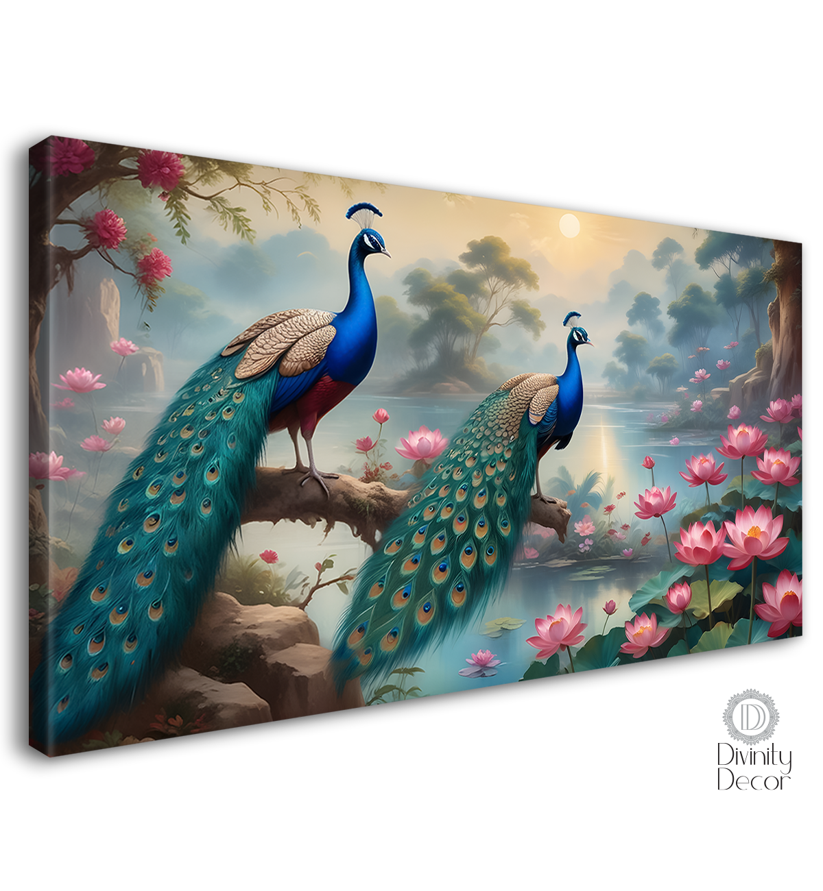 Two peacocks on the branch with lotus in textured art.- Design - Animal -95