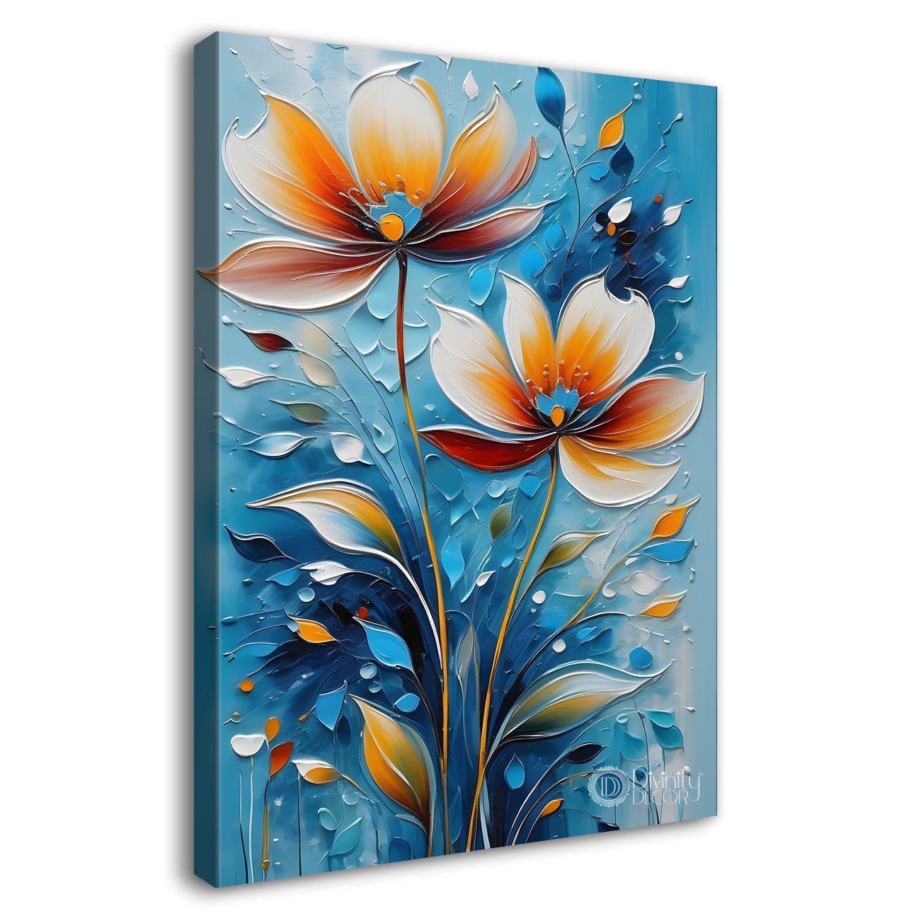 Orange flowers in blue textured background painting - Flower-V-95