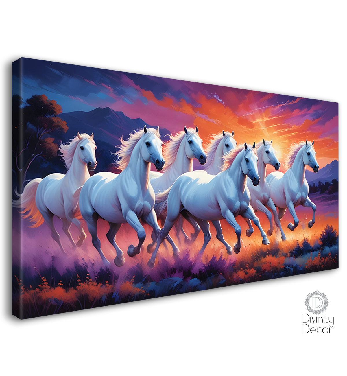 White running horses on the field with mountains and trees in sunrise and purple textured background art Canvas Painting - Design - Horse-96
