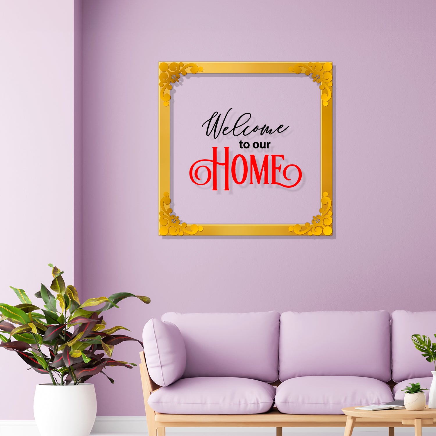 Welcome to our home Golden Plaque for Gifting, Wall Decor Clear UV print with Golden Border-96