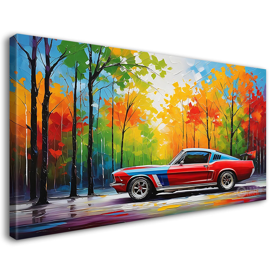Colorful tree with red car on road in textured painting Canvas Painting - Nature Art -96