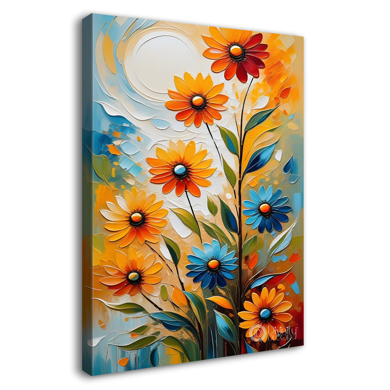 Orange flowers with sun textured painting - Flower-V-96