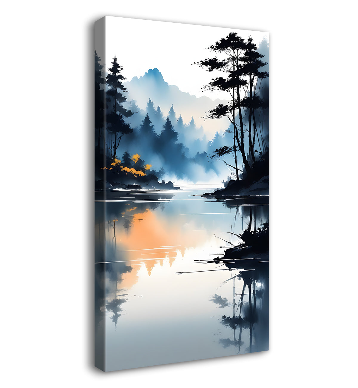 Mountains with lake and trees in  grey white textured water colour painting Canvas Painting - Nature Art -V-96