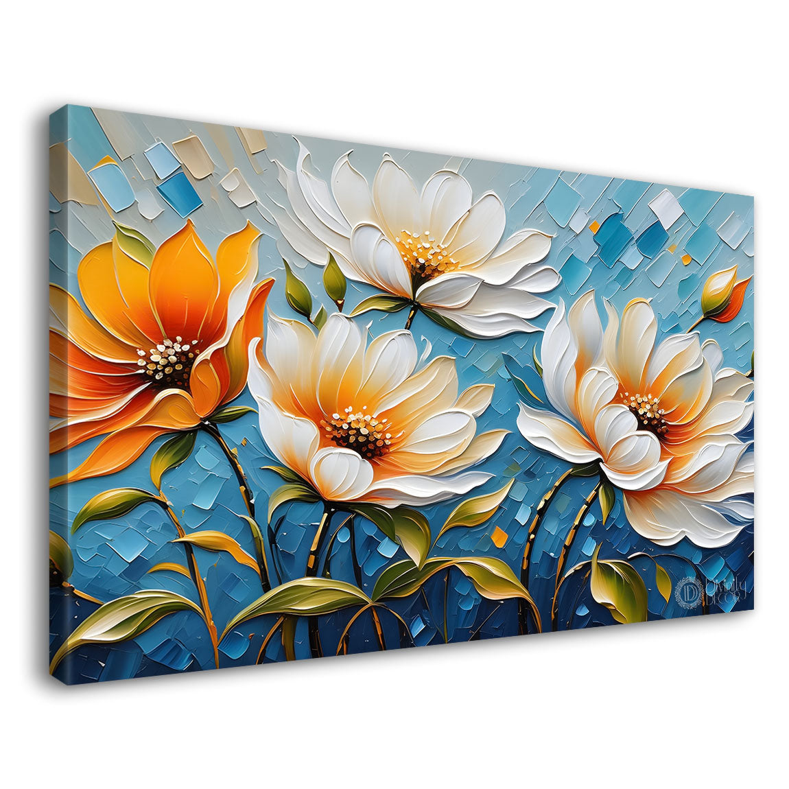 White and yellow flowers with blue textured background painting- Design - Flower-96
