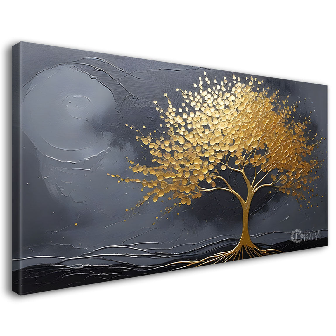 Golden tree in grey textured modern art Canvas Painting - Design - Tree-96