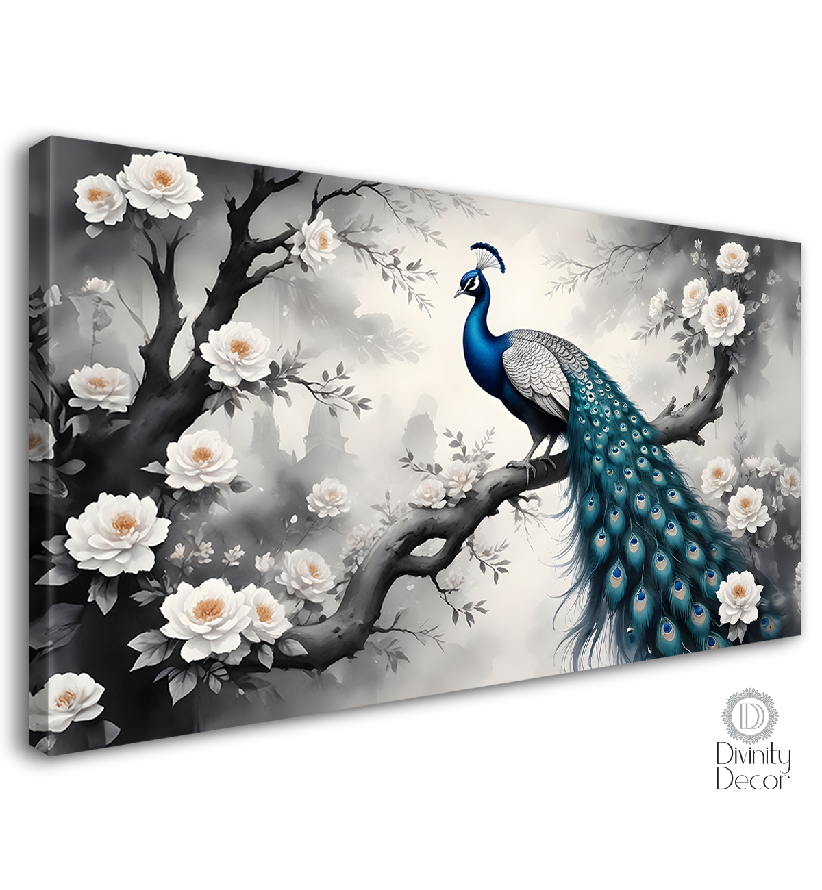 Peacock sitting on the branch with white flowers in fog background textured art.- Design - Animal -96