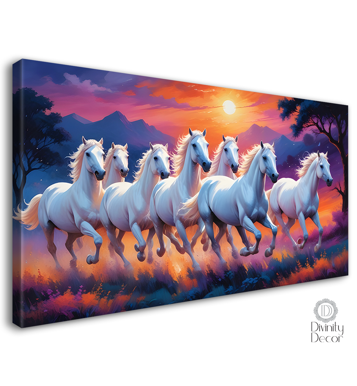 White running horses on the field with mountains and trees in sunrise and purple textured background art Canvas Painting - Design - Horse-97