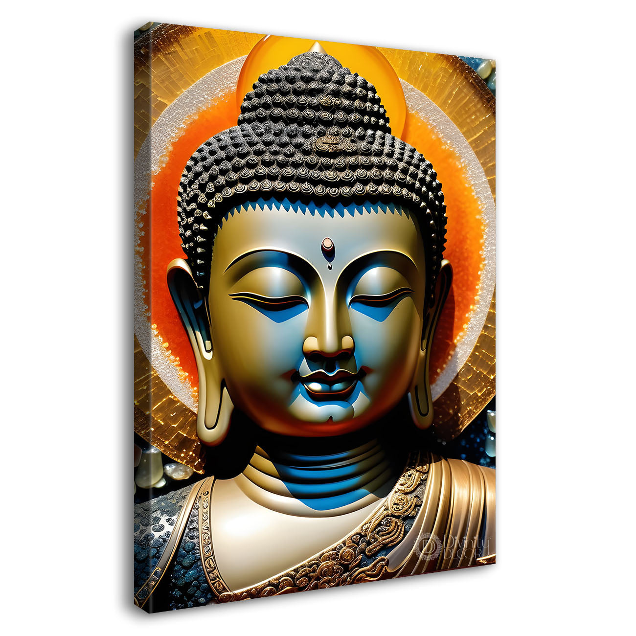 Golden buddha with orange background textured painting  - Buddha-V-97