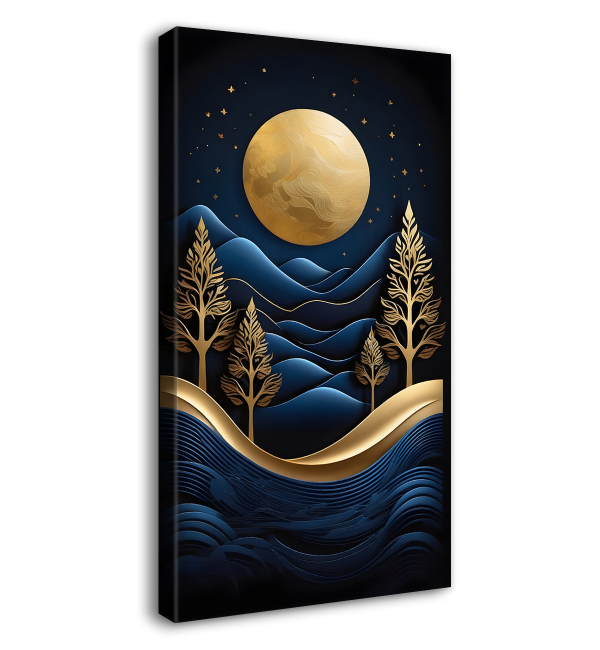 Blue mountains with golden trees and moon in textured painting Canvas Painting - Nature Art -V-97
