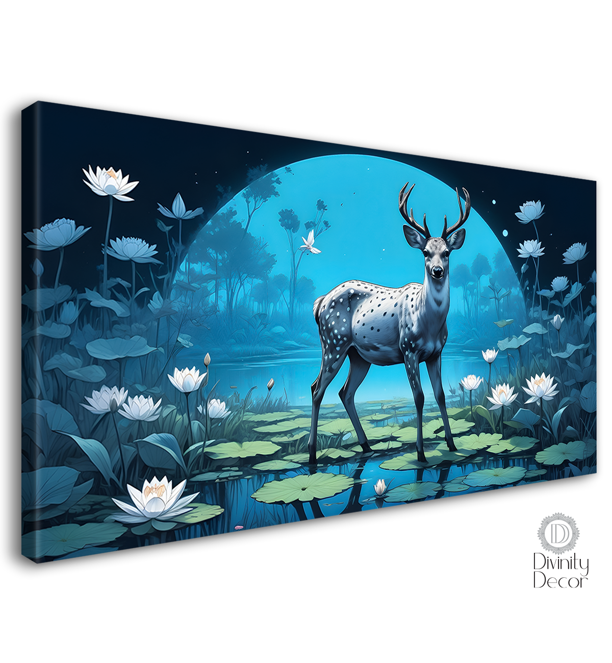 Deer with white lotus in blue background textured art.- Design - Animal -97
