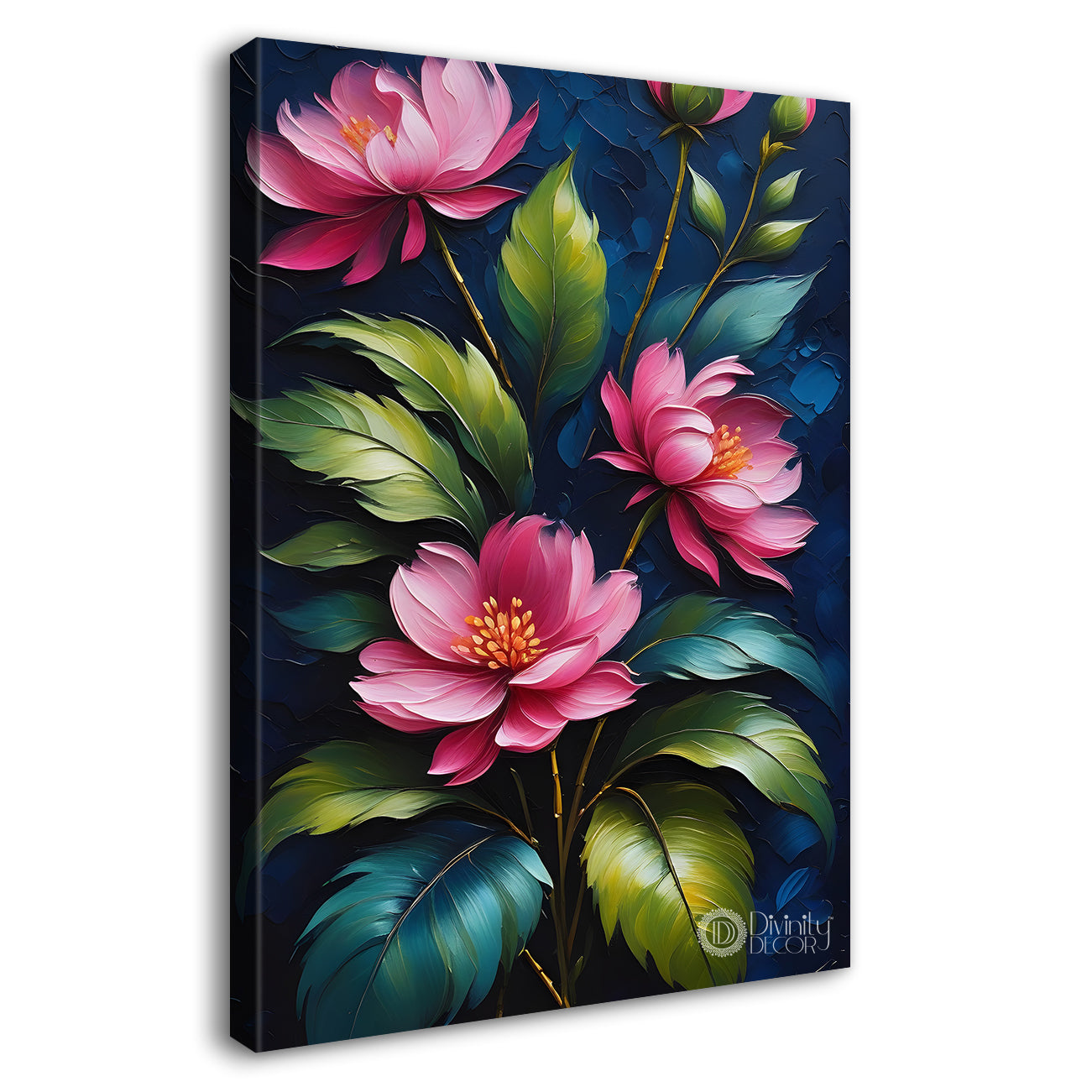 Pink flowers in navy blue textured background painting - Flower-V-97