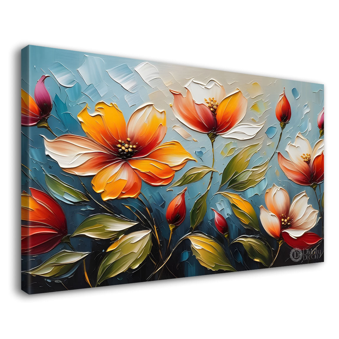 Colorful flowers with blue textured background painting- Design - Flower-97