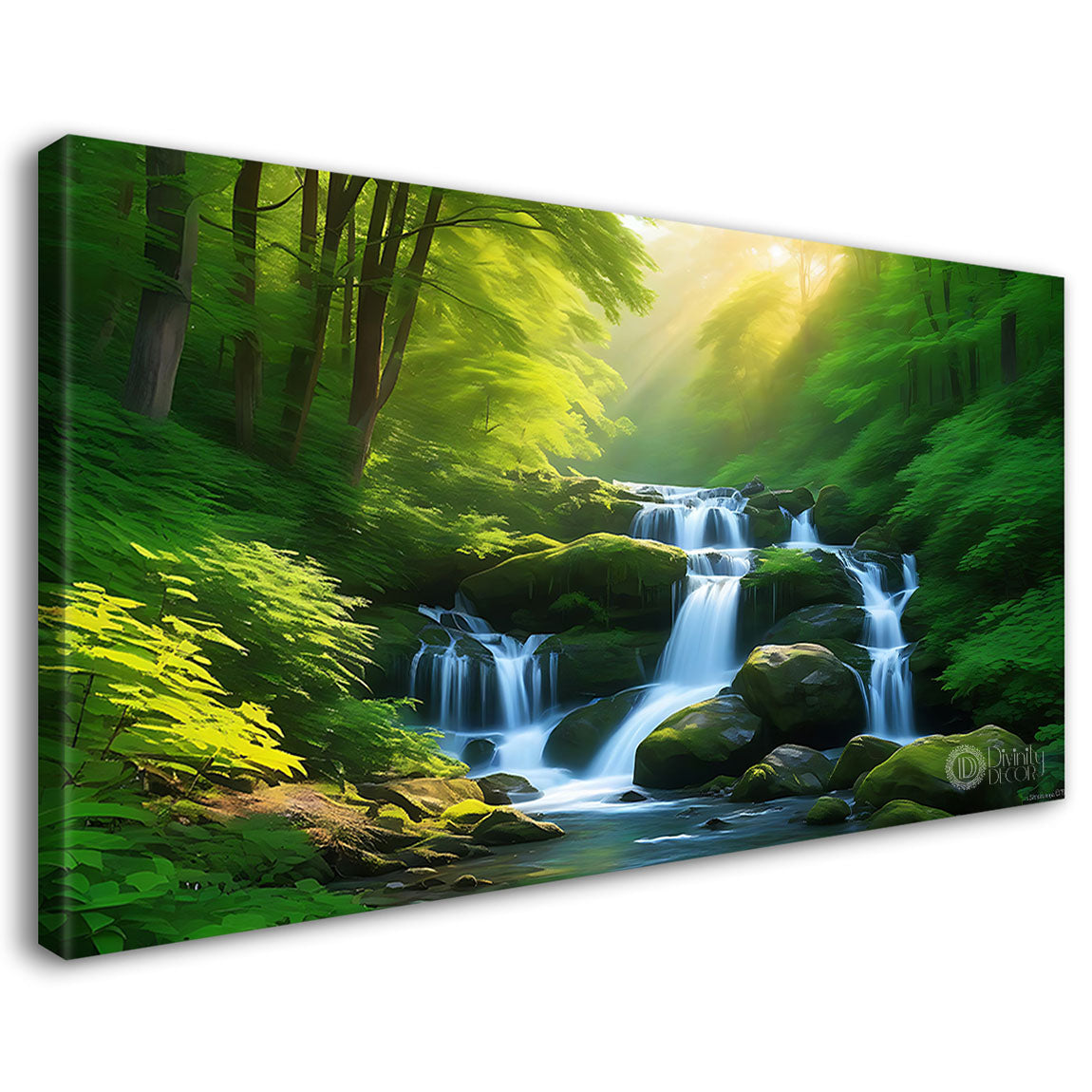 Waterfall on stones with greenery in textured painting Canvas Painting - Nature Art -97
