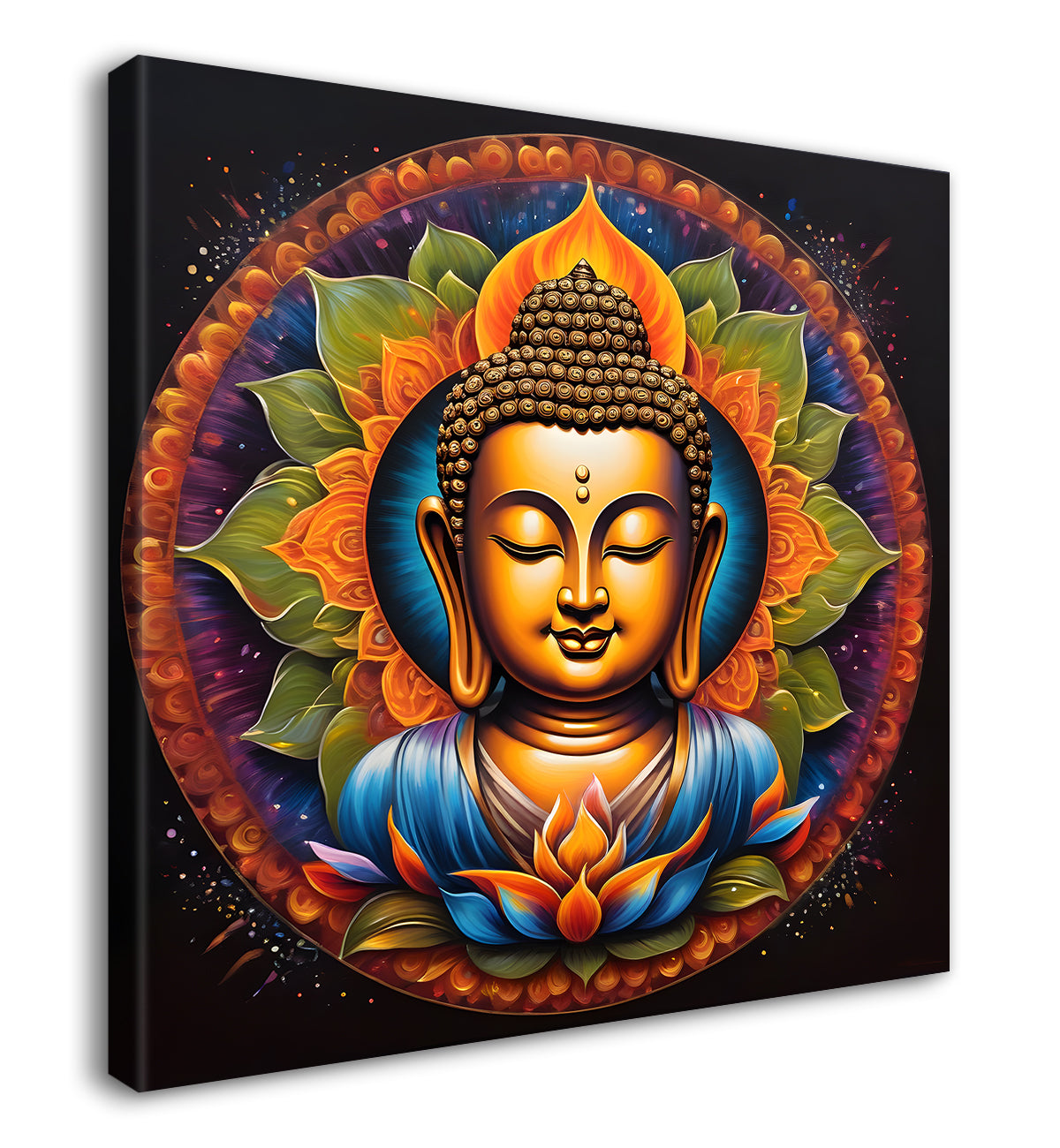 Buddha painting Golden Blue Dark Mandala Floral 24x24 inch Buddha-S-97