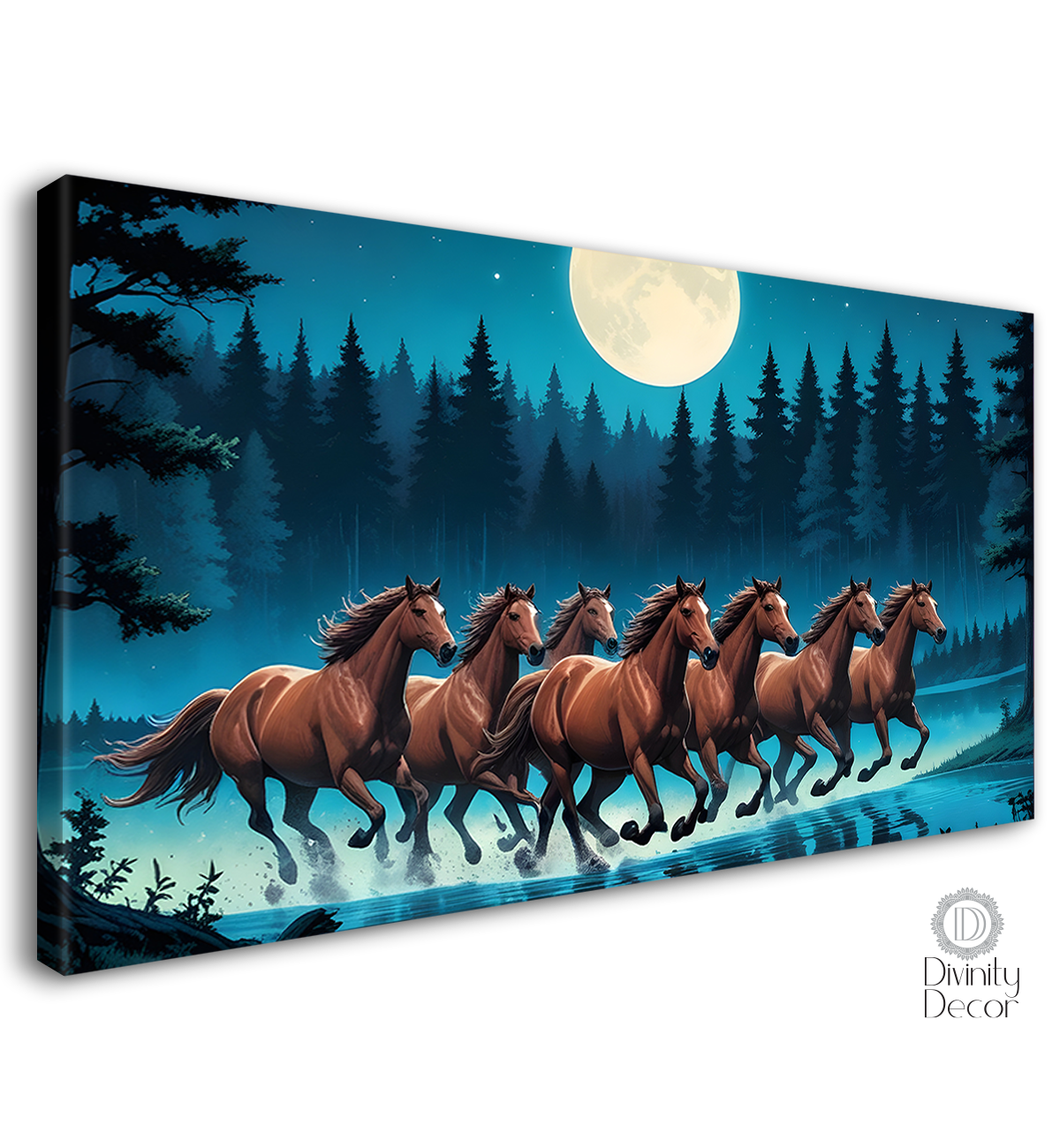 Brown running horses with trees and moon in blue textured background art Canvas Painting - Design - Horse-98
