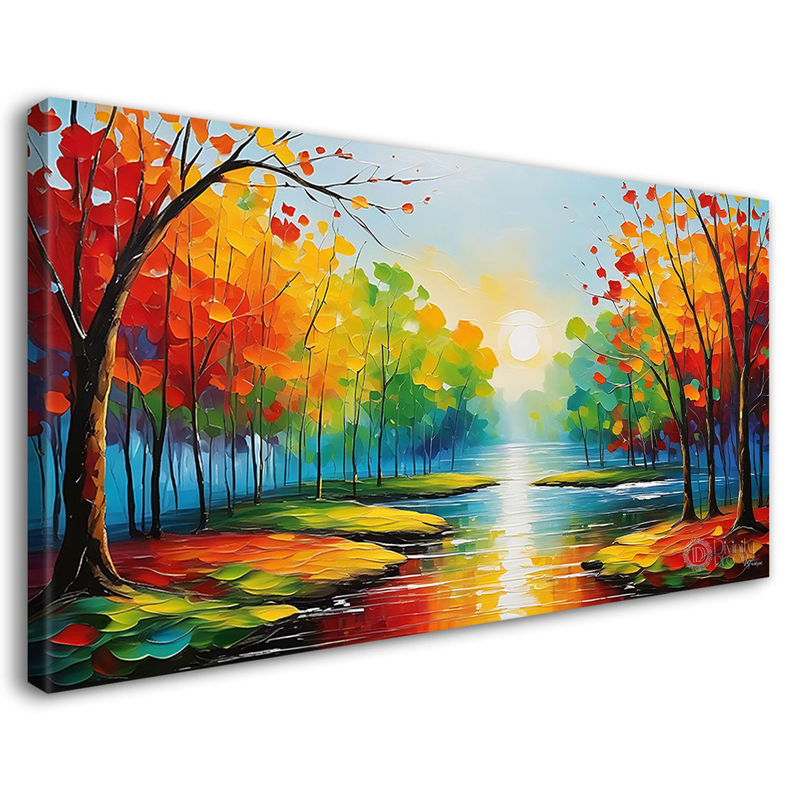 Colorful trees with lake in textured natural painting Canvas Painting - Nature Art -98