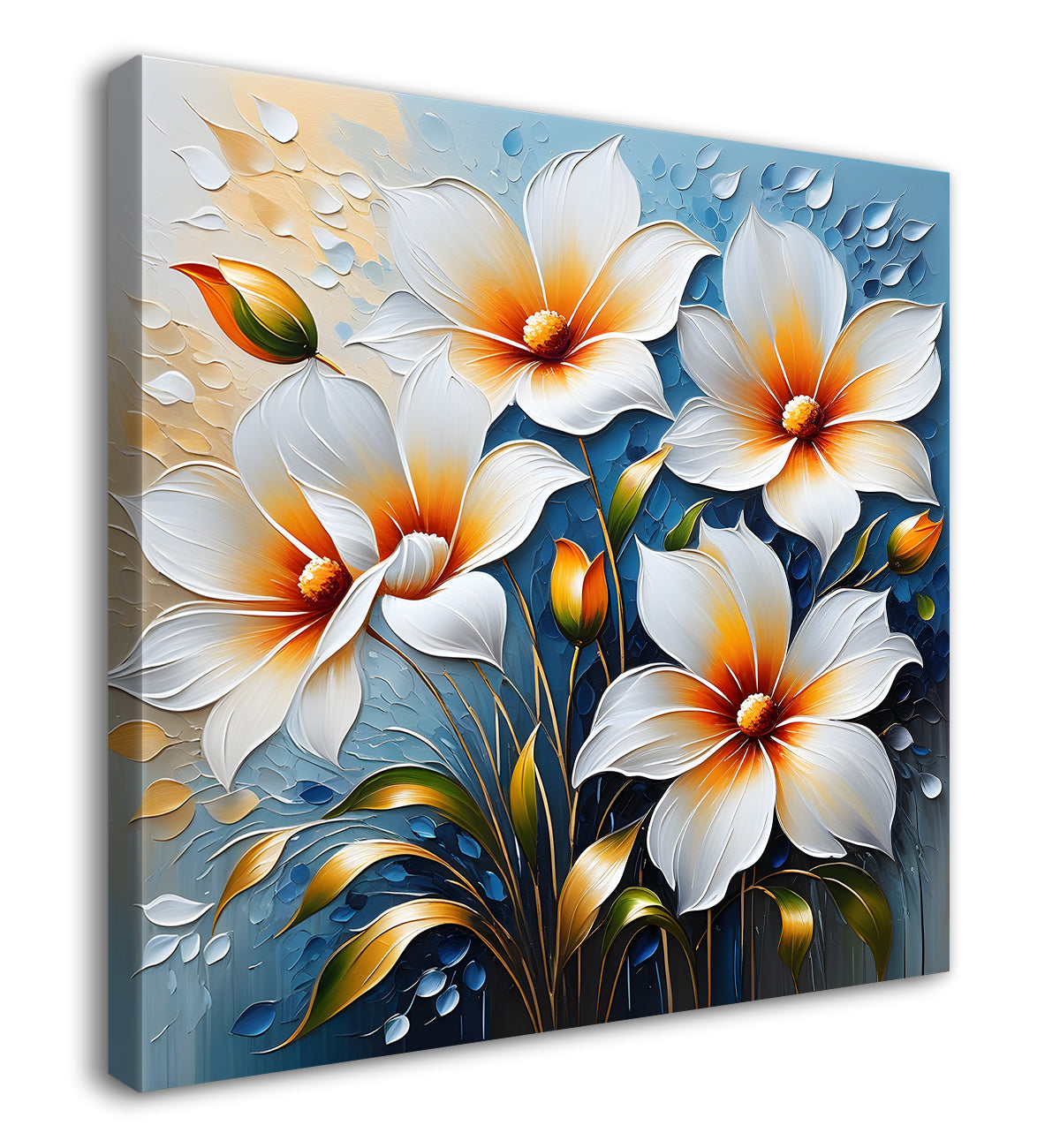 White flowers in blue background textured painting  - Flower-S-98