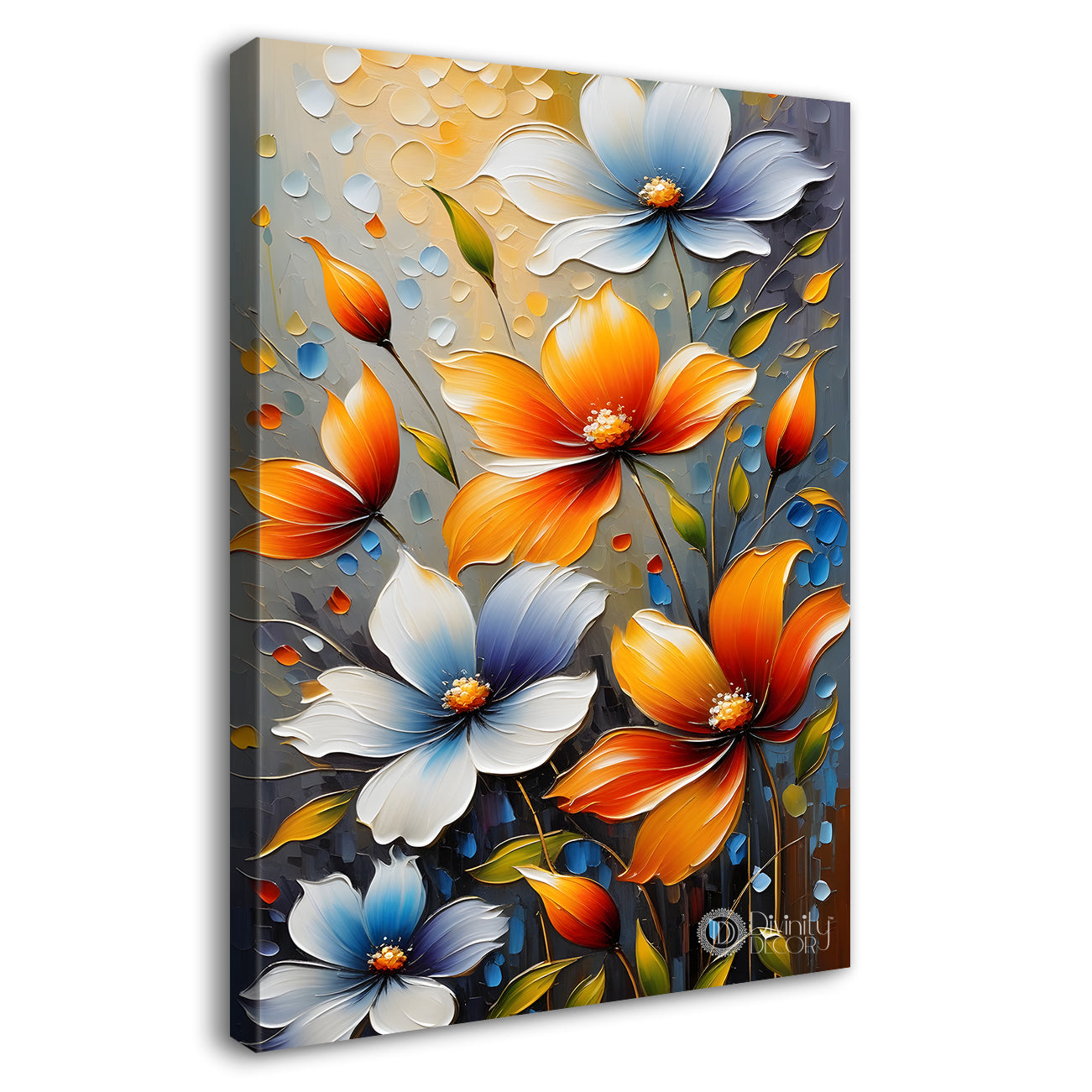 Orange and blue flowers in textured painting - Flower-V-98
