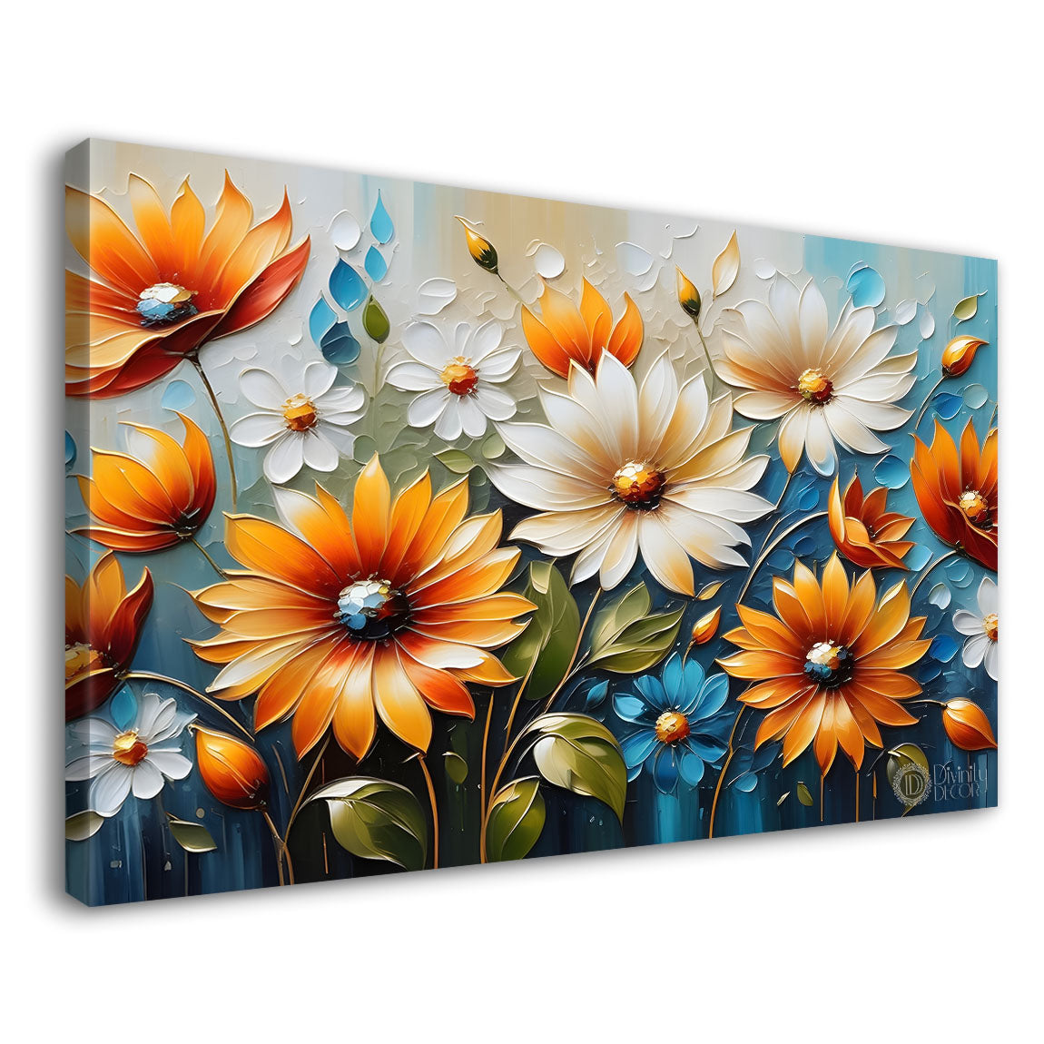Colorful flowers with blue textured background painting- Design - Flower-98