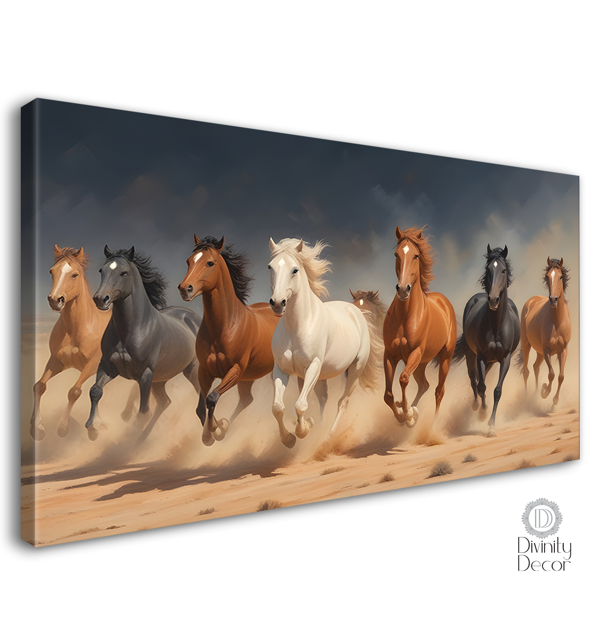 White, brown and black running horses in grey textured background art Canvas Painting - Design - Horse-99