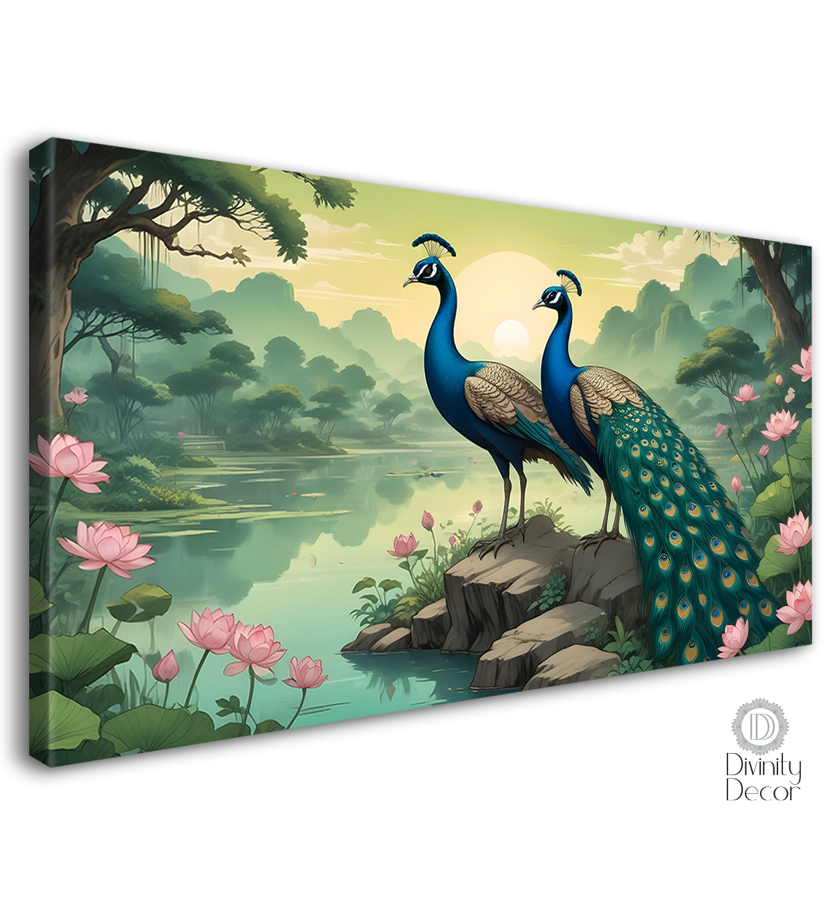 Two peacocks with lotus in green background textured art. - Design - Animal -99