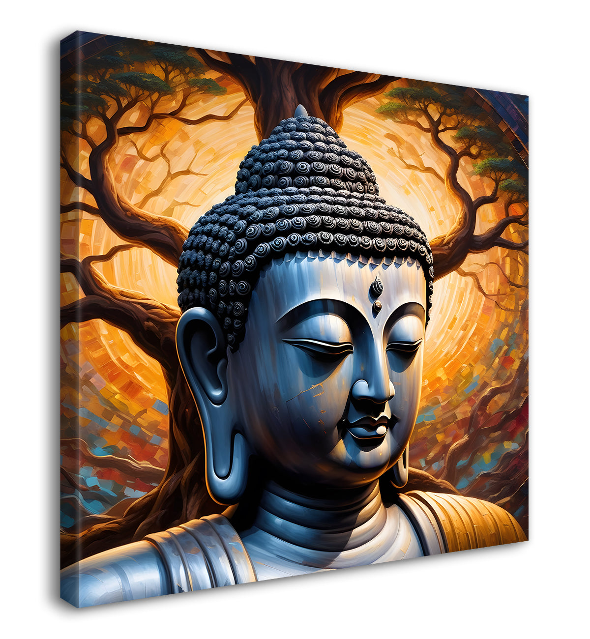 Metal Finish Buddha Painting with Tree 24x24 inch Buddha-S-99
